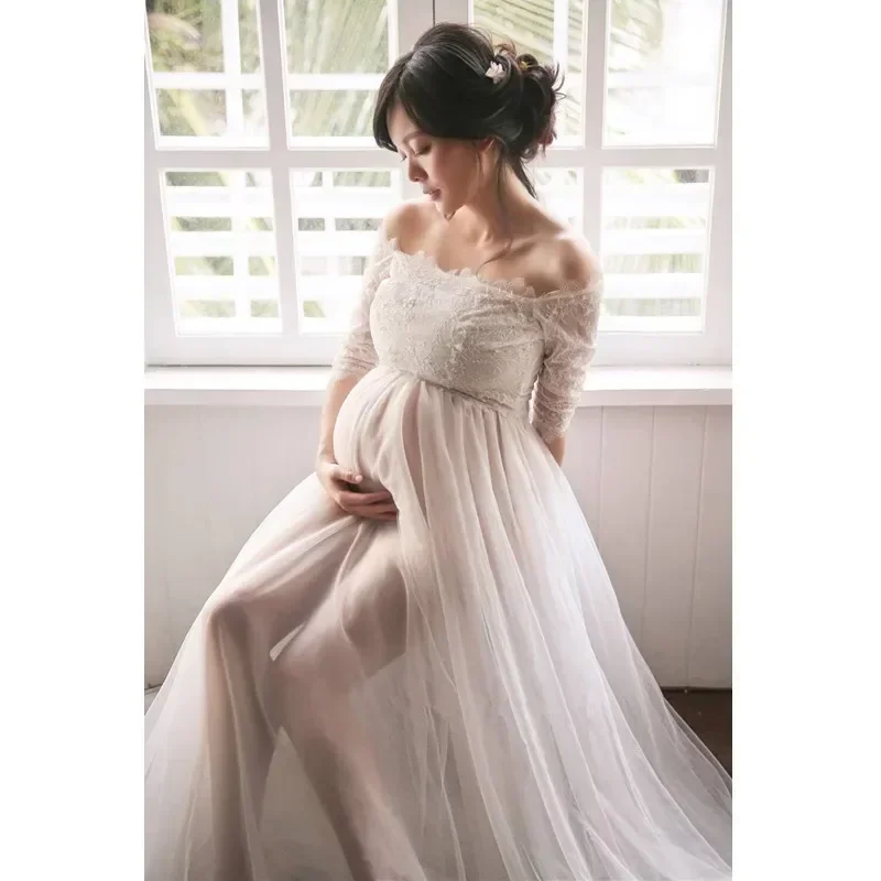 

Pregnant women Dress for Photo Shoot Maxi Maternity Gown Shoulderless Lace Fancy Sexy Women Maternity Photography Props