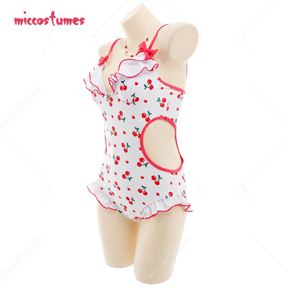 Women Girls Miccostumes Swimsuits for Women Cherry Printed Bathing Suit Ruffles Kawaii One-piece Swimwear