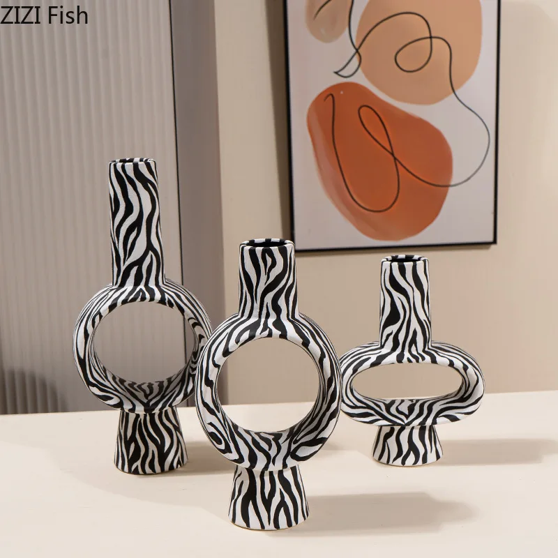 Zebra Stripes Ceramic Vase Desk Decoration Flowers Arrangement Artificial Flower Decorative Floral Vases Room Aesthetic Decor 2