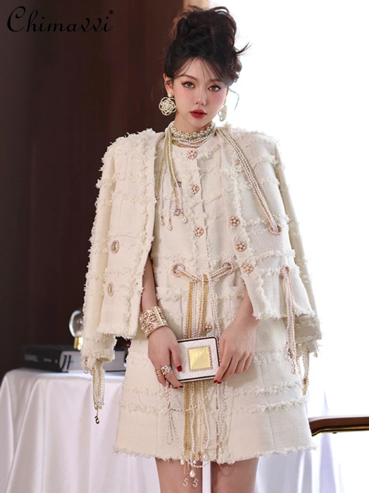 

Fashionable Elegant Long-Sleeved Single-Breasted Wool Coat Sexy High Waist Slim Dress Spring and Autumn Ladies Two-Piece Set