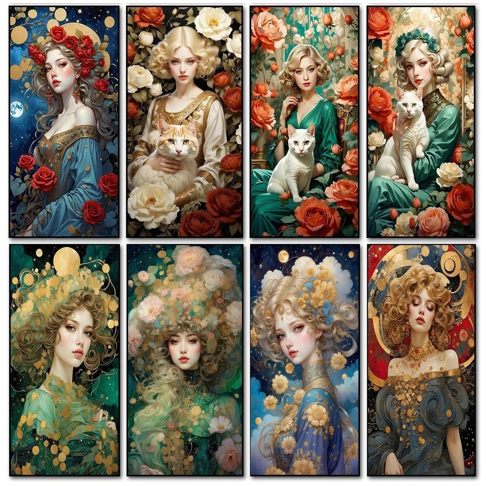 보석 크로스 스티치 고대 아름다운 여자와 고양이 5D DIY 다이아몬드 그림, 새로운 2024 풀 다이아몬드 모자이크 자수 선물