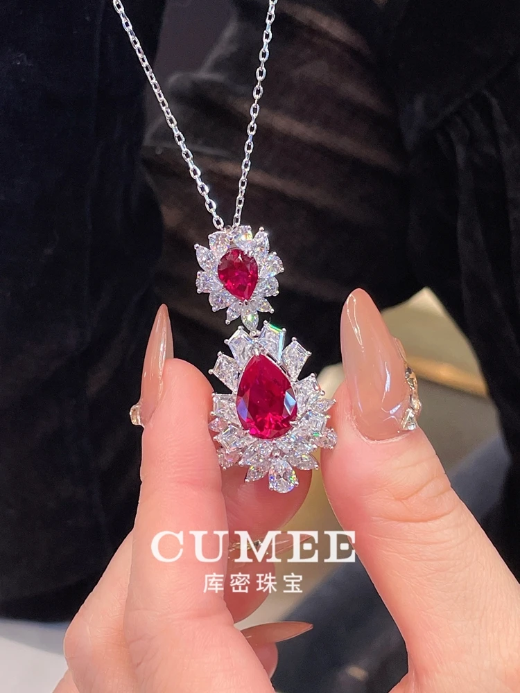 CUMEE New Year's Fashionable Water Drop Cultivation Synthetic Ruby Ring Necklace Set Silver Gold Plated