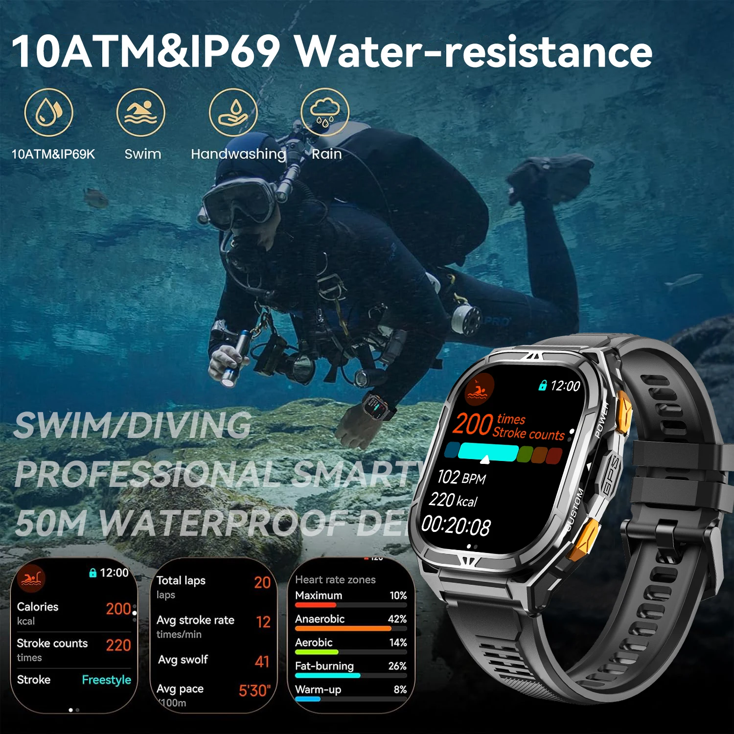Military Grade GPS Beidou Men Adult Smart Watch 1.96-inch Large Screen Compass 10ATM Waterproof Bluetooth Call Sports Smartwatch
