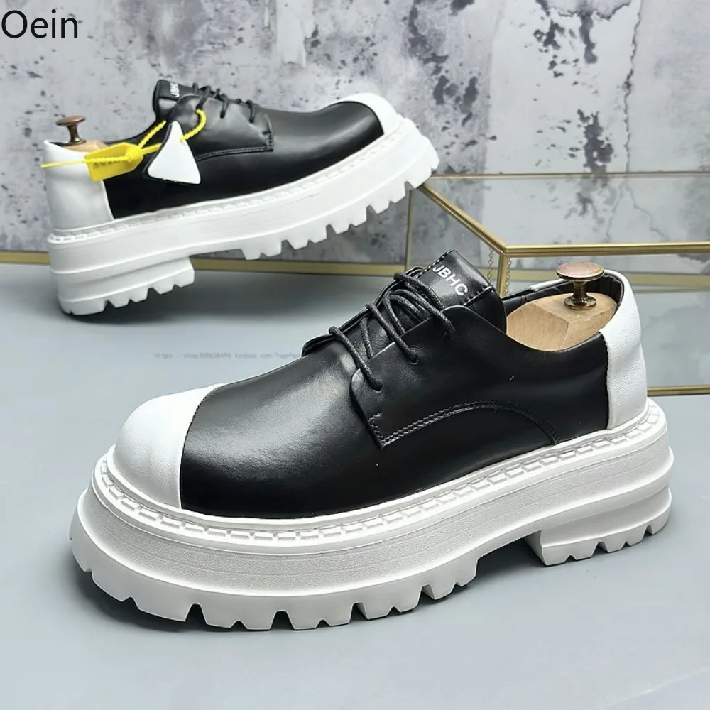 Mens Round Toe Genuine Leather Wingtips Platform Lace Up Chunky Heel Derby Shoes British Styles