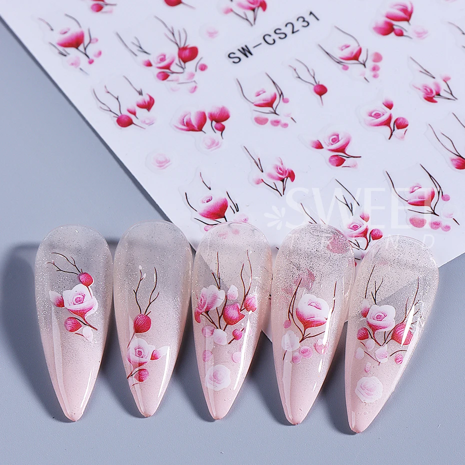 4pcs Flower Nail Art Stickers Charm Simple Rose Daisy Petals Florals Leaf DIY 3D Self-Adhesive Slider Decals Manicure Decoration