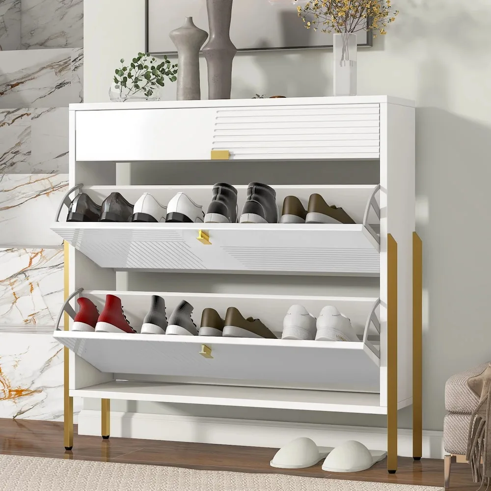 

37.8" shoe cabinet shoe rack with 2 flip drawers and 1 sliding drawer for narrow closet, entrance, living room, white