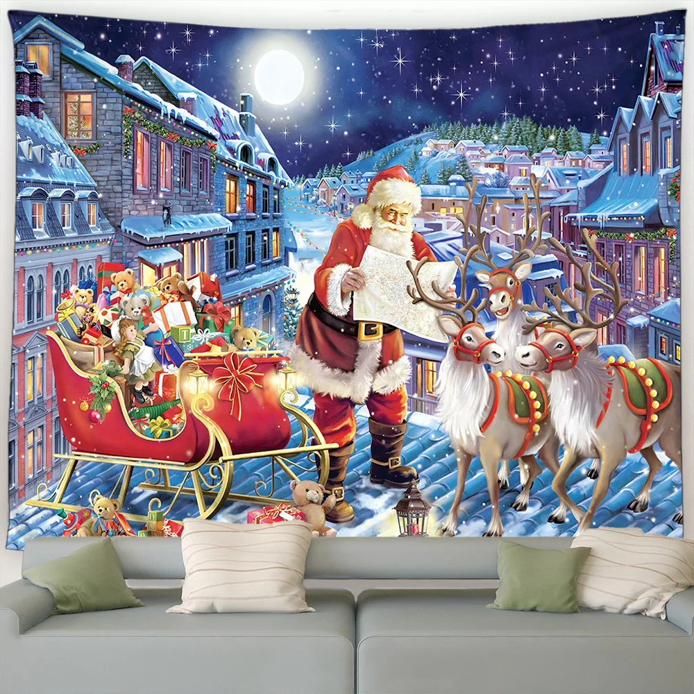 

Winter Christmas Tapestry Santa Claus Reindeer Gifts Town Night Snowy Scene New Year Wall Hanging Home Living Room Decor Mural