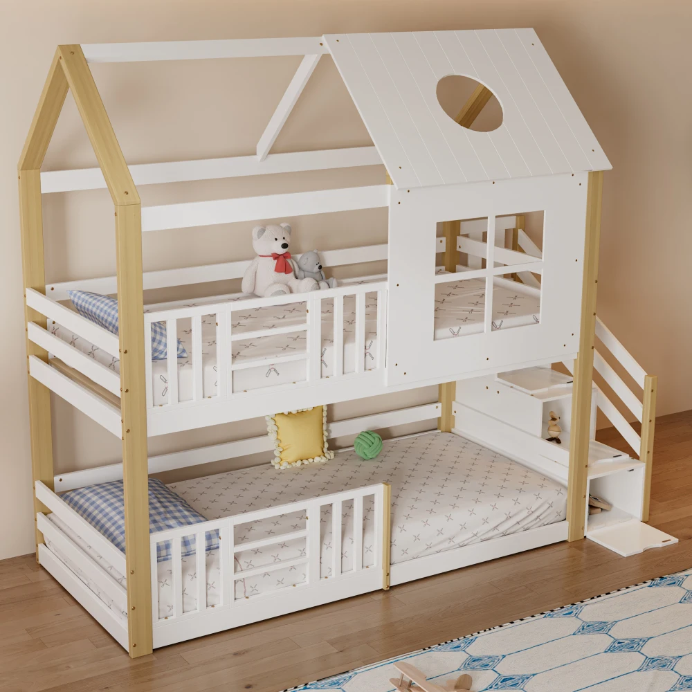 90 x 200 cm großes Etagenbett aus Kiefernholz und MDF – mit Stauraumtreppe, Fallschirmgitter, Fenster- und Dachdesign, weiß und natürliches Finish für Schlafzimmer – Detail 5