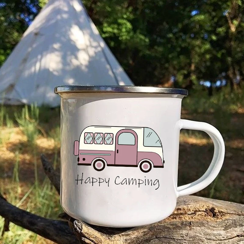 Camper Enamel Travel Mug - Handmade Creative Coffee and Tea Cup with Handle