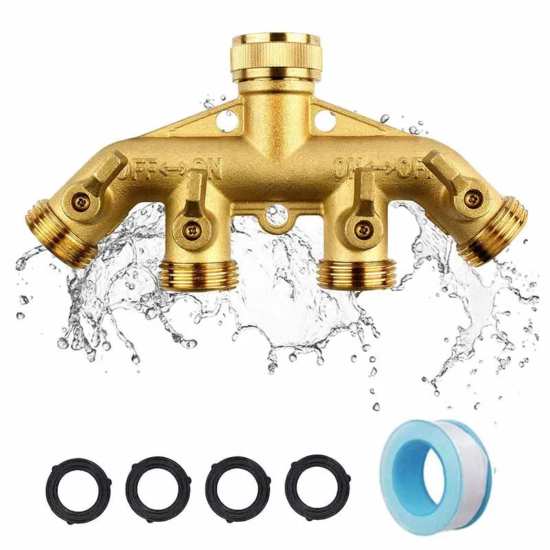 

Garden Watering 4 Way with 4 Valves Hose Splitters 3/4" Heavy Duty Brass Connector Distributor for Outdoor Tap and Faucet