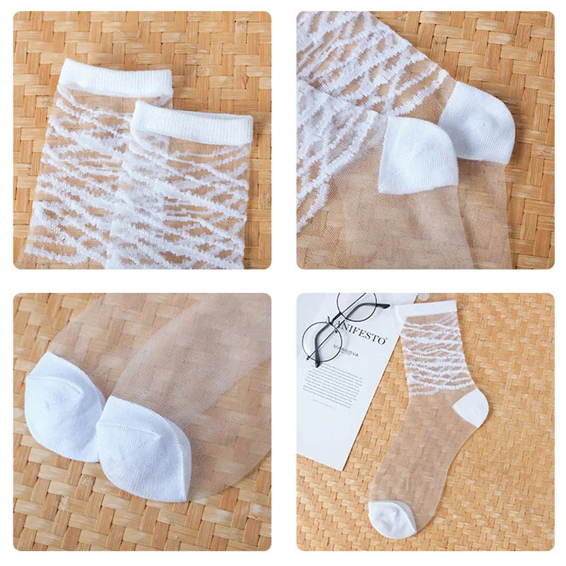 Calze Cristallo Seta Calze Caviglia Donna Ultrasottili, In Cotone E Seta Cristallo, Trasparenti Con Pizzo - Taglia Unica Calze Trasparenti Pizzo - Foto 10