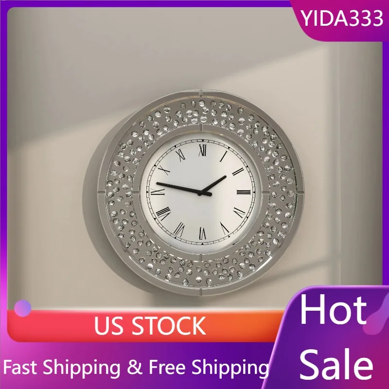 

DecMode 20" White Glass Mirrored Wall Clock with Floating Crystals