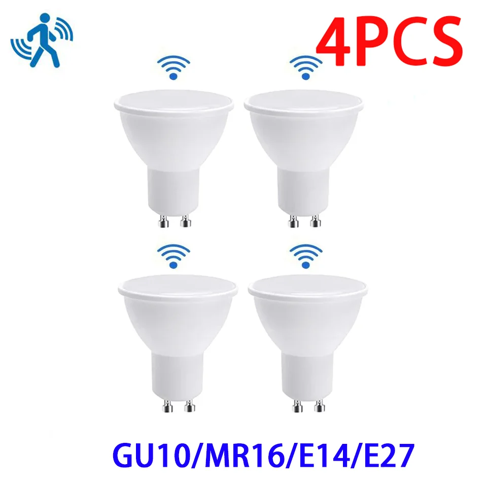 PIR 모션 센서 LED 전구, GU10 AC189-265V, 3W, 6W, 9W, 12W 레이더 전구 모션 활성화, ON/OFF 홈 조명 램프, 4 개