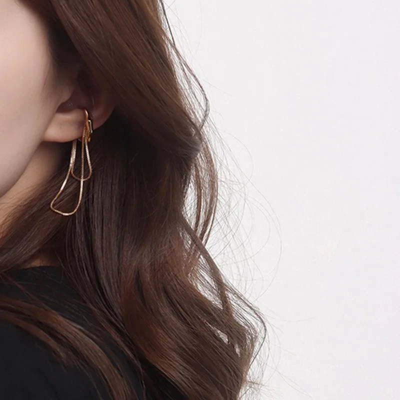 Long Chain Threader Tassel Fringe Double Layer Ear Cuff Fake Piercing Conch Cartilage Clip Earrings 1piece