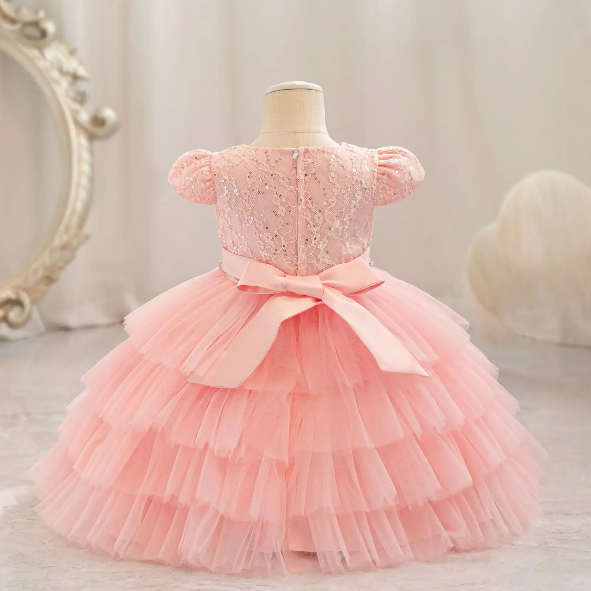 

Baby Girl Weekend Birthday Party Princess Dress Mesh Sequined Children's Layered Wedding Costume Kids Sweetheart Clothes 6M-4T