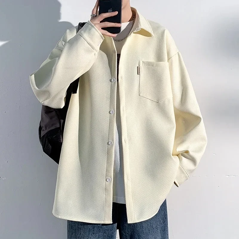 남성용 긴팔 심플 라펠 블라우스, 루즈한 올 매치 캐주얼 탑 재킷, 멋진 트렌드 셔츠, 가을 신상 패션