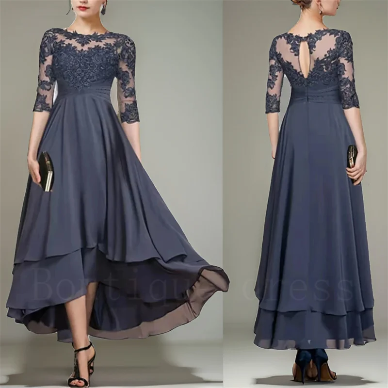 Elegant Short Lace Chiffon Mother of Groom Dresses for Women, Half Sleeve, A-Line Tea Length, Pleated, Mother of the Bride
