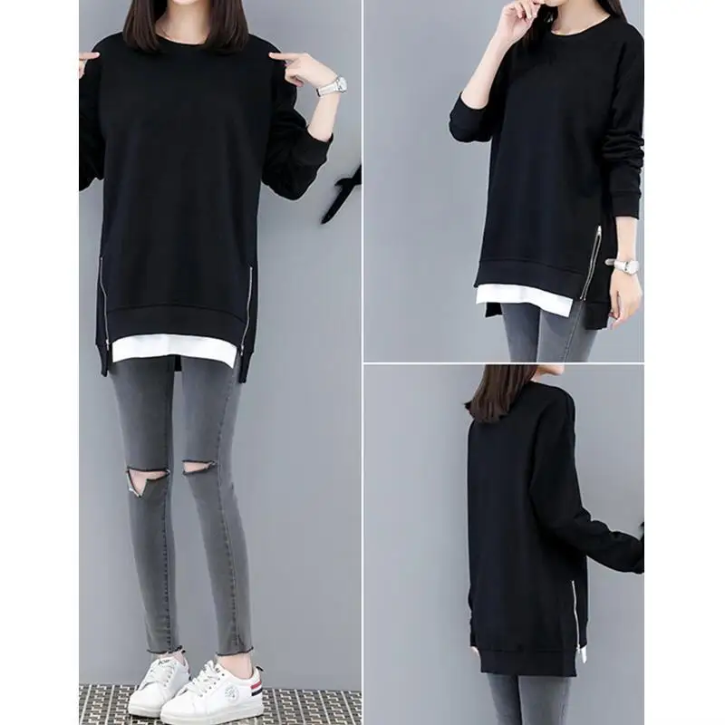 2023 Spring Autumn New Oversize Round Neck Long Sleeve Zipper Pullovers Women Casual Loose Fashion All-match Mid-length Sweatshi