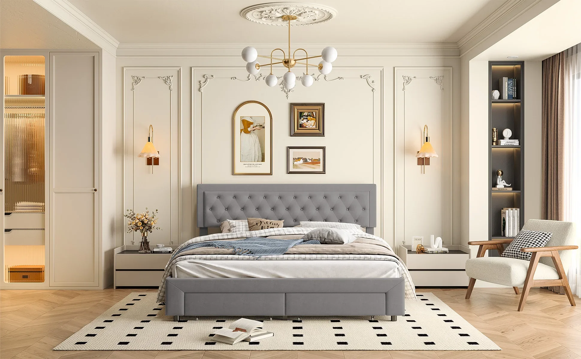 Rosahqnda Stauraumbett 160/180×200cm Modernes Doppelbett mit Schubladen, gepolstertes hydraulisches Bett für Jugendliche und Erwachsene, Samt, ohne Matratze – Detail 9