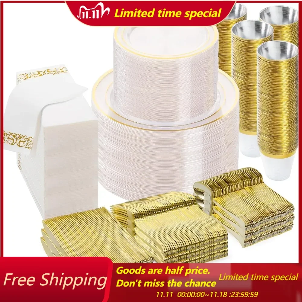 700PCS Clear Gold Disposable Dinnerware Set (100 Guests), Plastic Plates for Party, Wedding, Include: 200 Plastic Plates