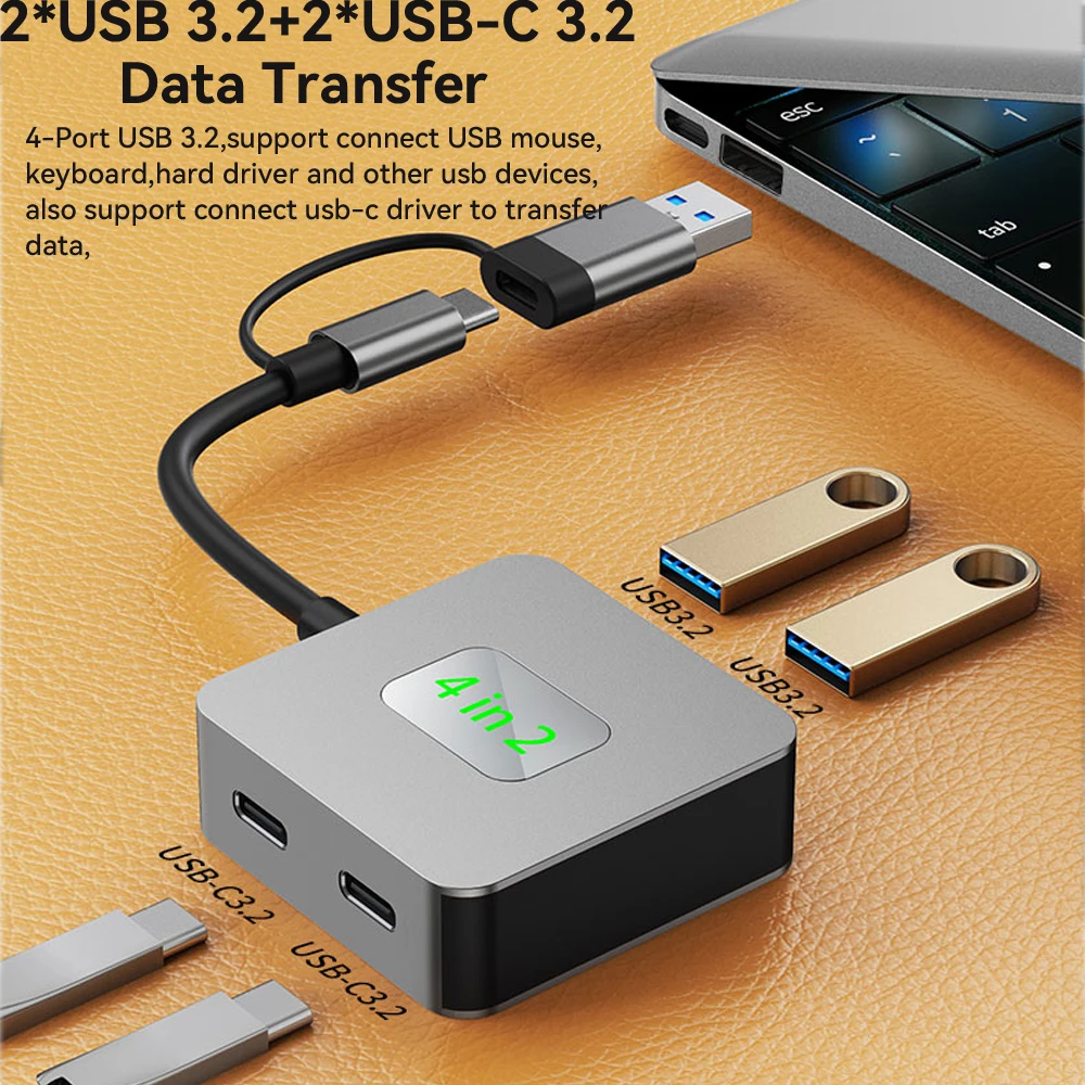 Tebe 4 IN 2 USB 3.2 Hub USB-A+USB-C to USB 3.2 Gen 3.2 /10Gbps USB-C 3.2 Splitter Adapter for Macbook Dell Huawei Xiaomi 2