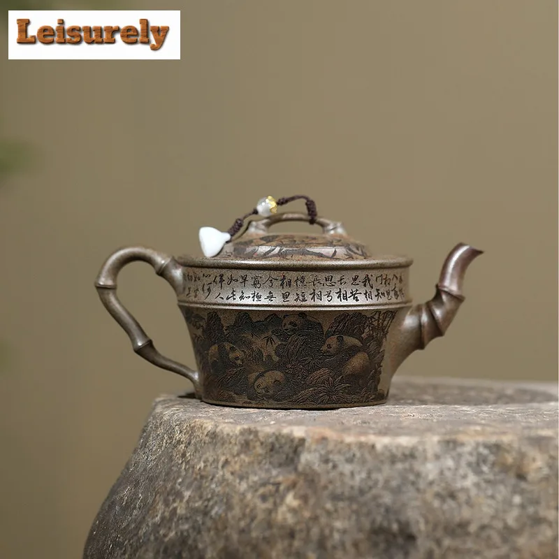 290ml High-end Yixing Purple Clay Teapots Handmade Panda Bamboo Pot Raw Ore Agilawood Mud Kettle With Infuser Zisha Tea Set Gift