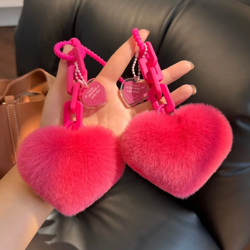 

2pcs Creative Silicone Rex Rabbit Hair Love Chain Key Chain Exquisite School Bag Pendant Couple Pendant Car Keychain