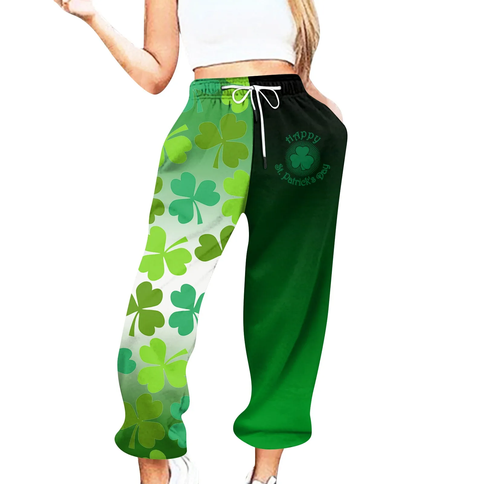 

Female Irish Carnival Elasticated Pajama Waist Legging Ireland Wide Leg Pants Womens Fitness Shamrocks Green Clovers St Patricks