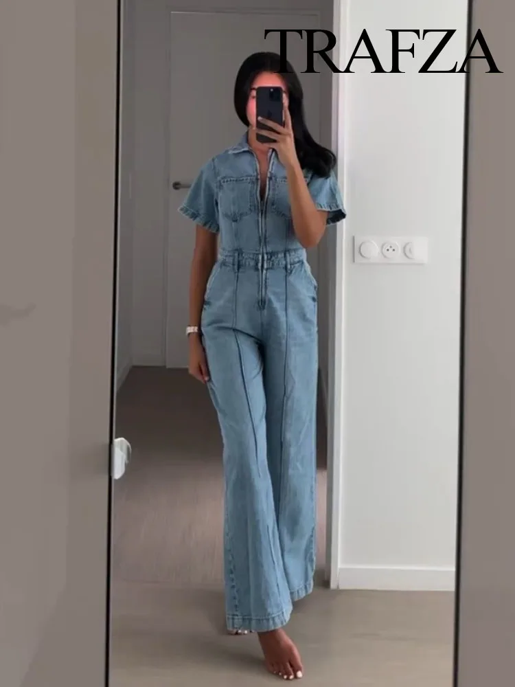 

TRAFZA Lapel Collar Pocket Long Denim Jumpsuits 2023 Women Social Elegant Short Sleeve Blue Overalls Jumpsuit Summer Jumpsuits