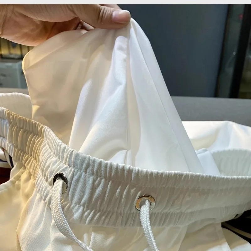 Embroidered Ice Silk Boyfriend 2024 Summer Thin Patchwork Elasticized High Waited Pocket Drawstring Fashion Sports Casual Pants