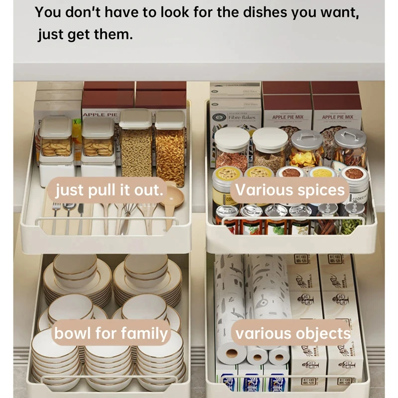 Kitchen Storage Box with Sliding Rail Pull-out Cabinet Storage Rack Spice Pantry Shelves Drawer Kitchen Organizer Basket 4