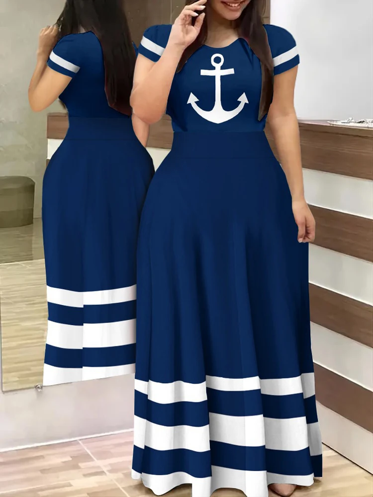 

Summer Fashion Casual Print Long Dress Women O-Neck Short Sleeve Slim A-line Dresses For Women High Waist Party Club Maxi Robe