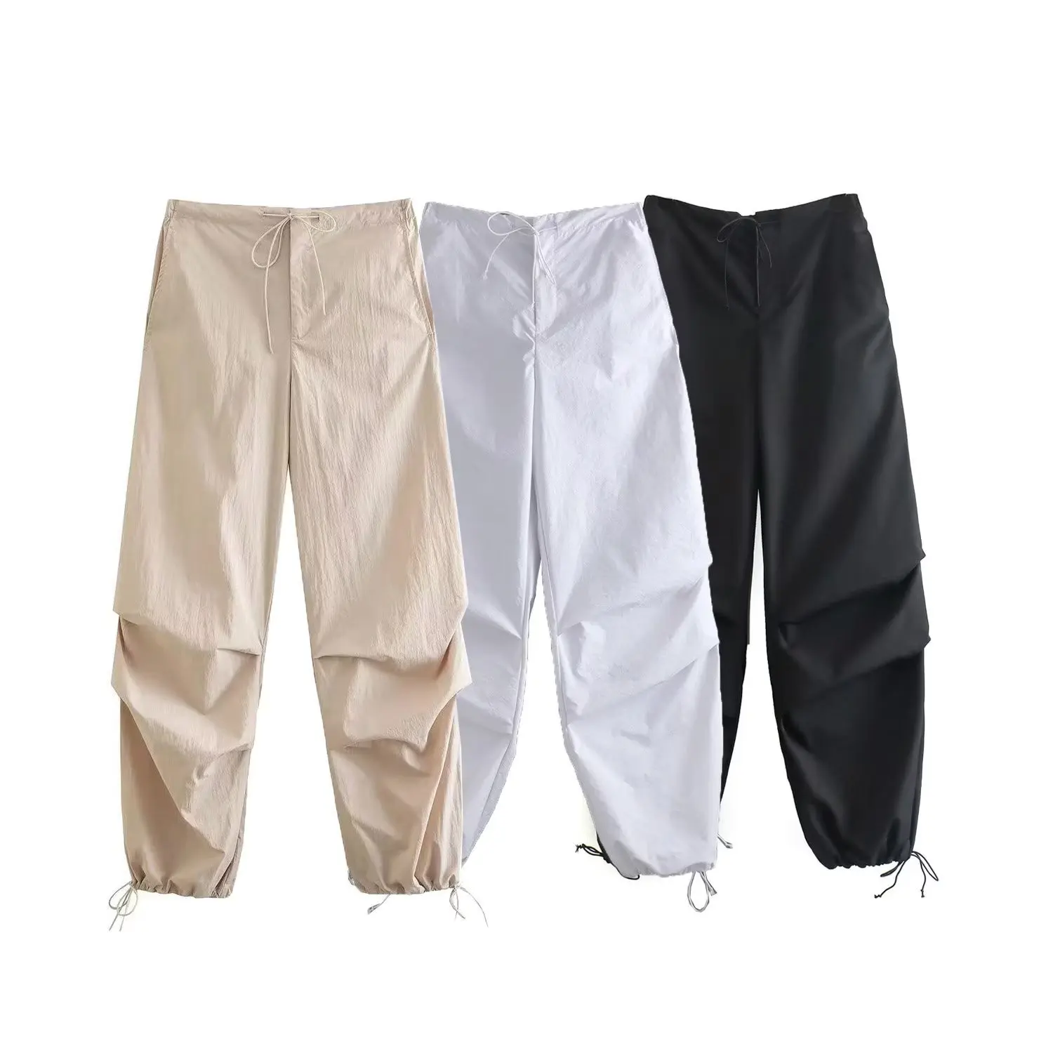 

TRAF Women Fashion Side Pockets Pleats Parachute Cargo Pants Vintage High Elastic Waist Drawstring Female Jogging Trousers Mujer