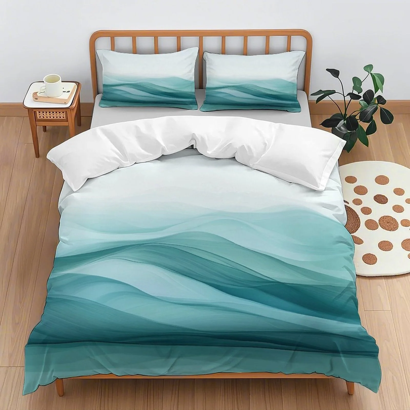 3Pcs Waves in Teal Themed Duvet Cover Set, Novelty Fashion Lightweight Soft Bedding with Zipper, All Seasons Home Dorm Decor