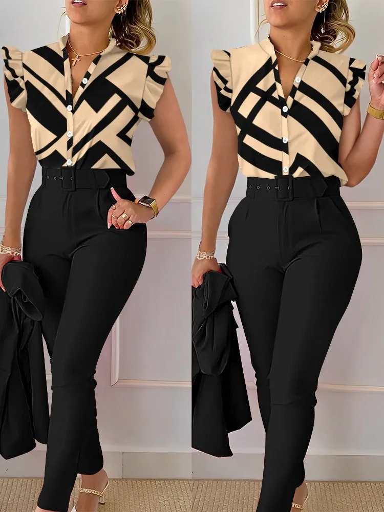Elegant Womens Slim Two-Piece Sets Summer Fashion Print V Neck Button Flying Sleeve Shirt Top & Solid Long Pants Suits With Belt
