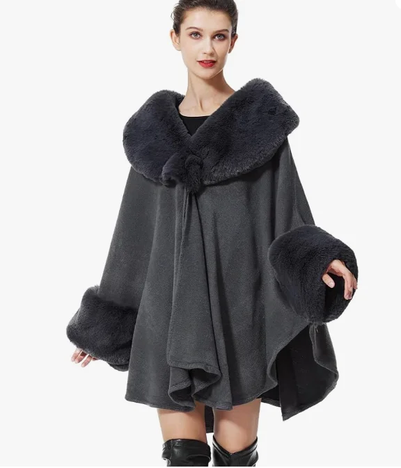 Description Picture 6 of item7 Color Women Big Faux Fur Neck Cardigan Cape Poncho Winter Thick Warm Loose Batwing Sleeves Long Cloak Big Pendulum Street Wear