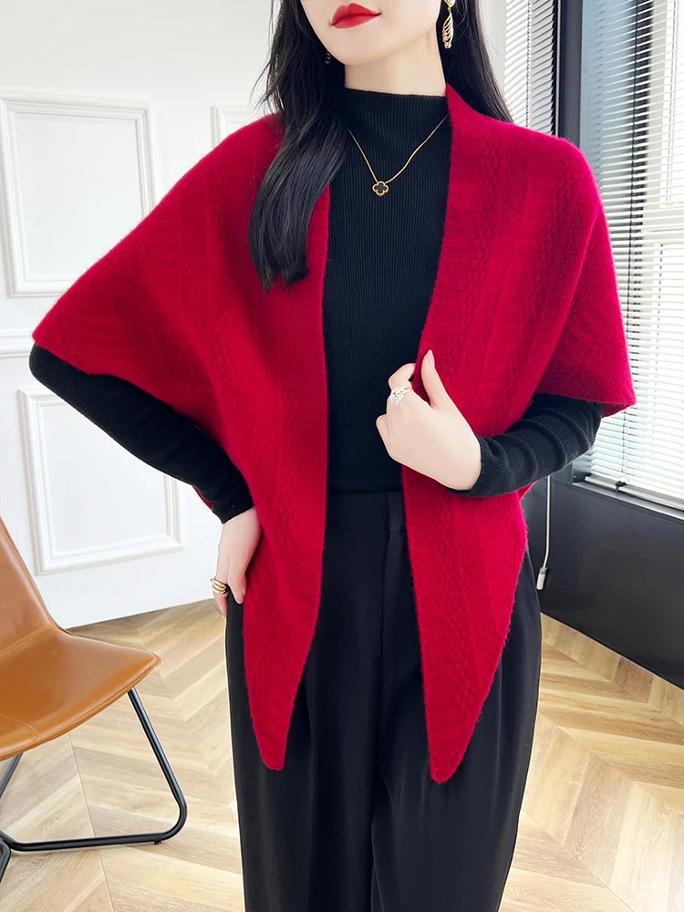 Women 100% Merino Wool Shawl Cardigan Spring Autumn Winter Soft  Pure Colour Cashmere Scarf Sweater Korean Fashion Shawl Tops 5
