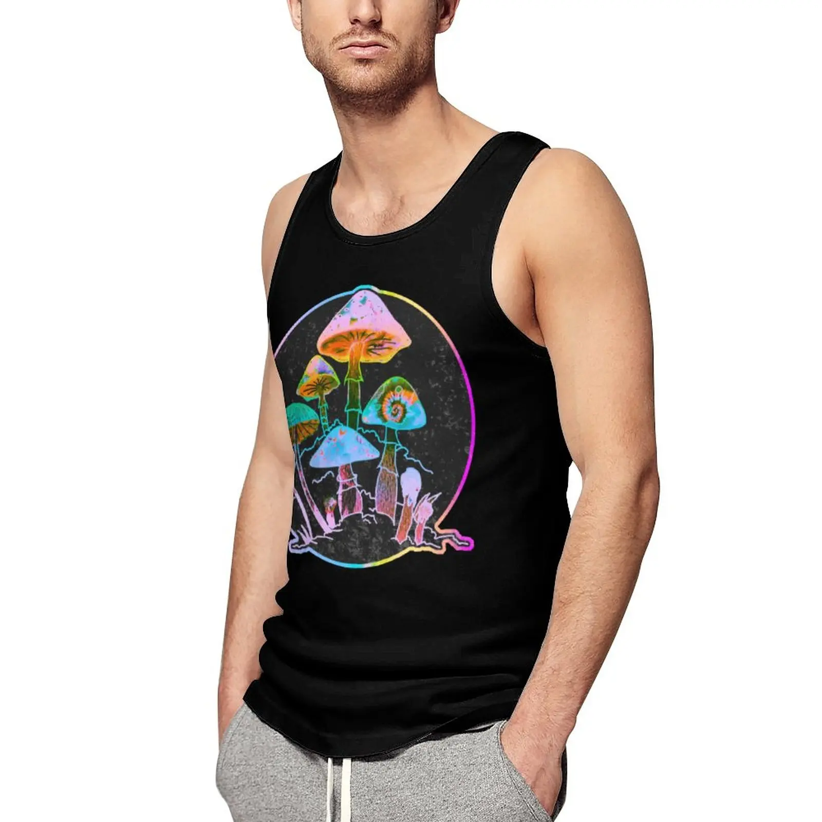 

Garden of Shrooms Tank Top Mushroom Workout Summer Tight Tops Vintage Man's Sleeveless Shirt