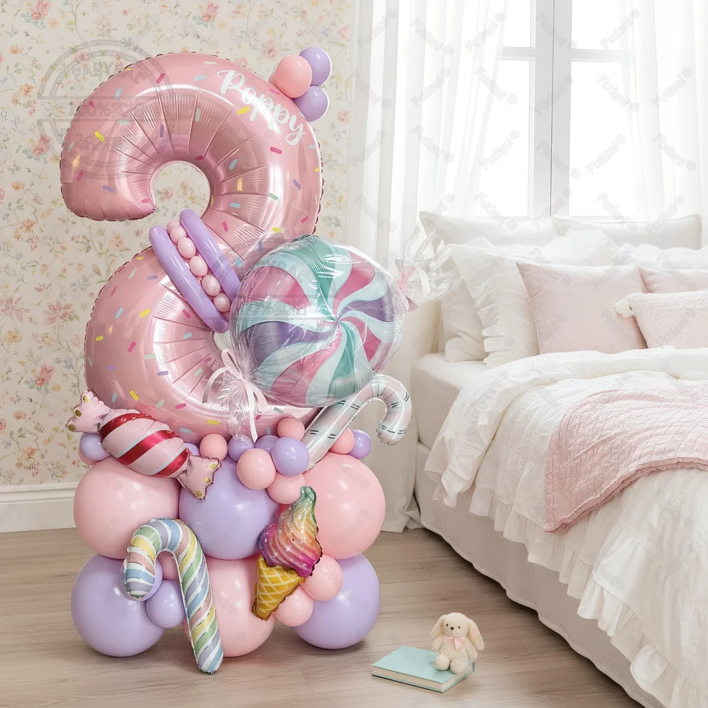 Süße Rosa Lollipop-Themen-Ballonsäule mit 32-Zoll-Zahl, Eiscreme-Geburtstagsparty-Dekoration, Geschenke und Zubehör