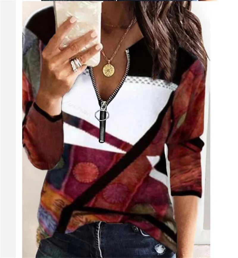 Geometric Print Color Contrast Hoodies Women Elegant Autumn Zipper V Neck Long Sleeves Street Sweatshirts Loose Pullover Clothes