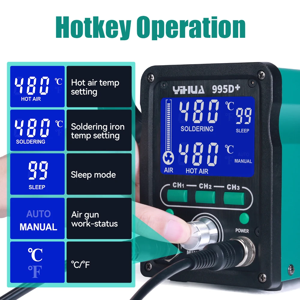 YIHUA 995D+ 2 In 1 Soldering Station 750W Digital Display SMD Rework Hot Air Gun Solder Iron ESD Welding Desoldering Repair Tool