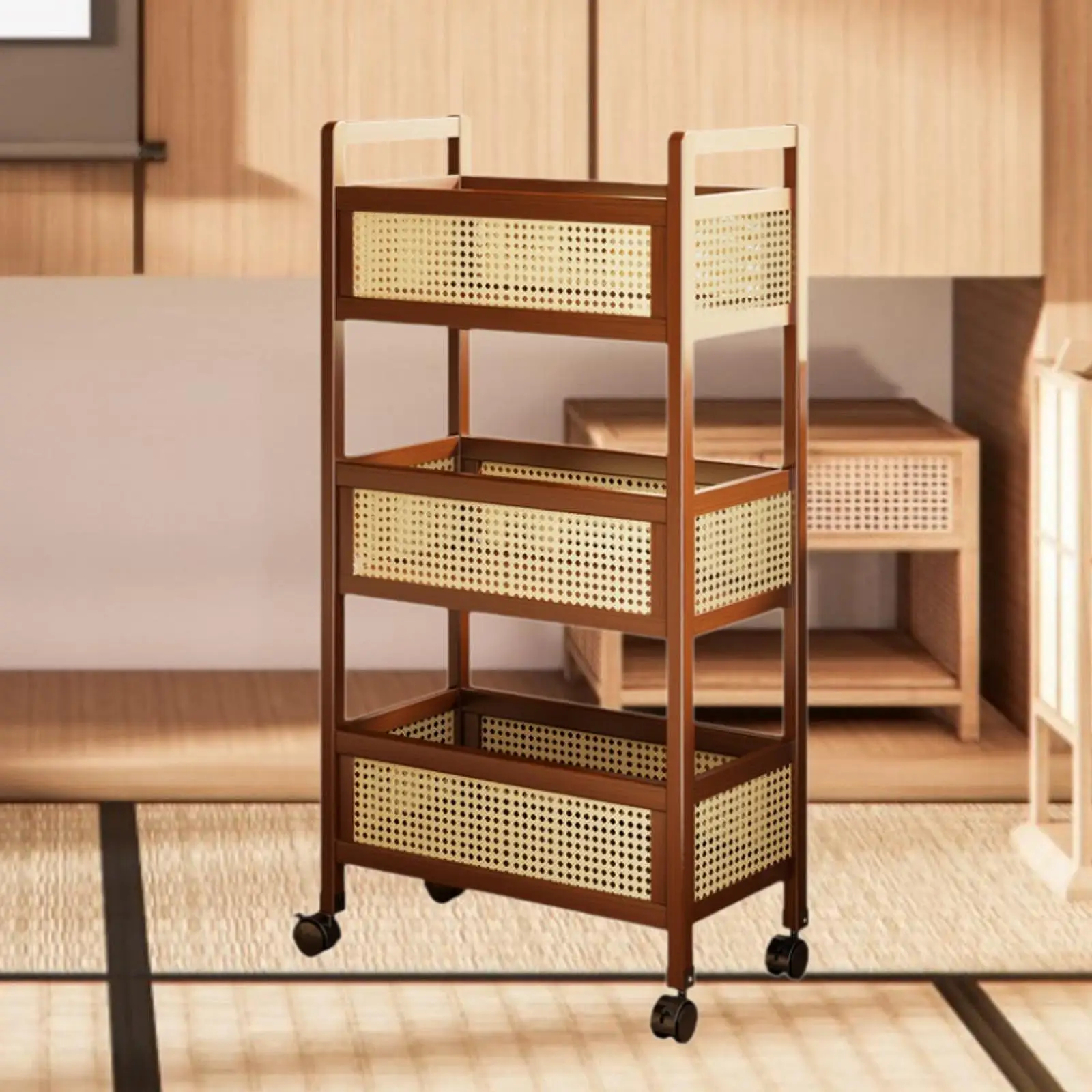 Wooden 3 Tier Rolling Utility Cart with Baskets Quick Installation for Home Office Versatile with Wheels 50x26x93cm Mobile Cart