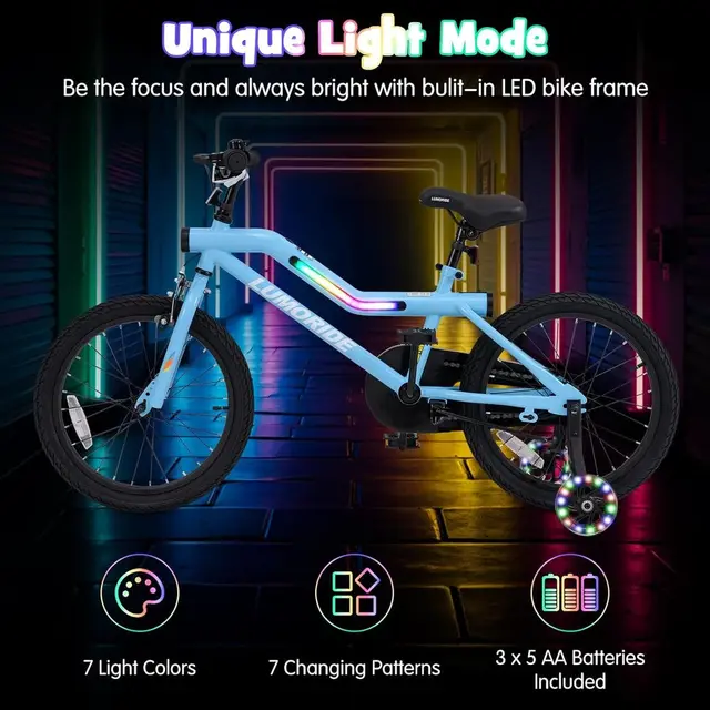 16-18 Inch Kids Bike with LED Lights, Training Wheels, Adjustable Seat & Handlebar, Kickstand