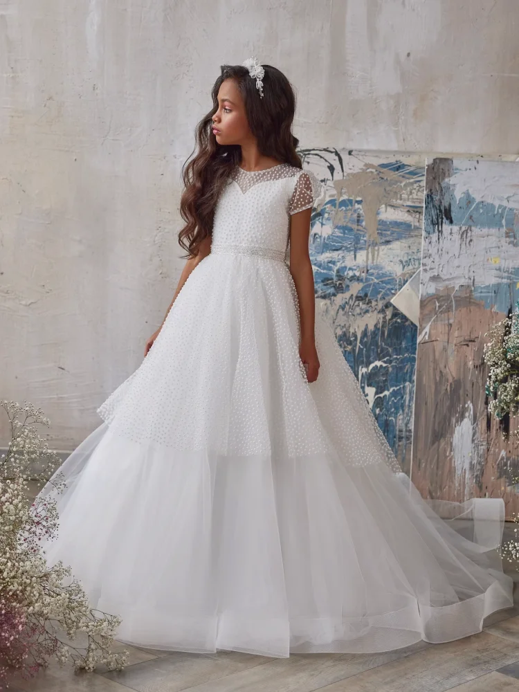 

White Flower Girl Dresses Tulle Tiered Pearls Skirt With Bow Short Sleeve For Wedding Birthday Banquet First Communion Gowns