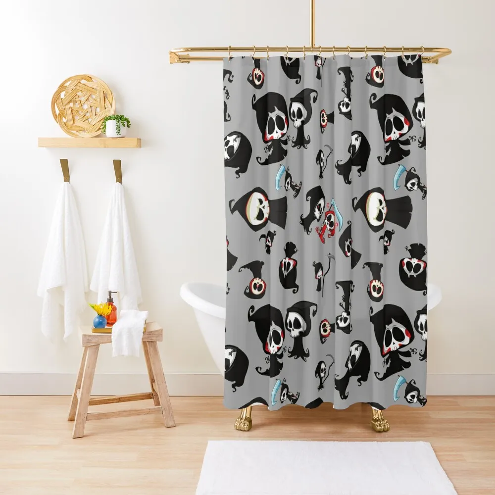 Cute Grim Reapers on Gray - Fun, Spooky, Kawaii Aesthetic Shower Curtain Anime Shower Shower Set For Bathroom Curtain