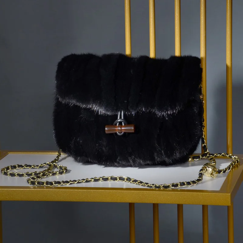 High Quality Mink Hair Shoulder Bag Fall Fashion Real Fur Ladies Chain Skew Straddle Bag High Design Dinner Party Wrist Bag