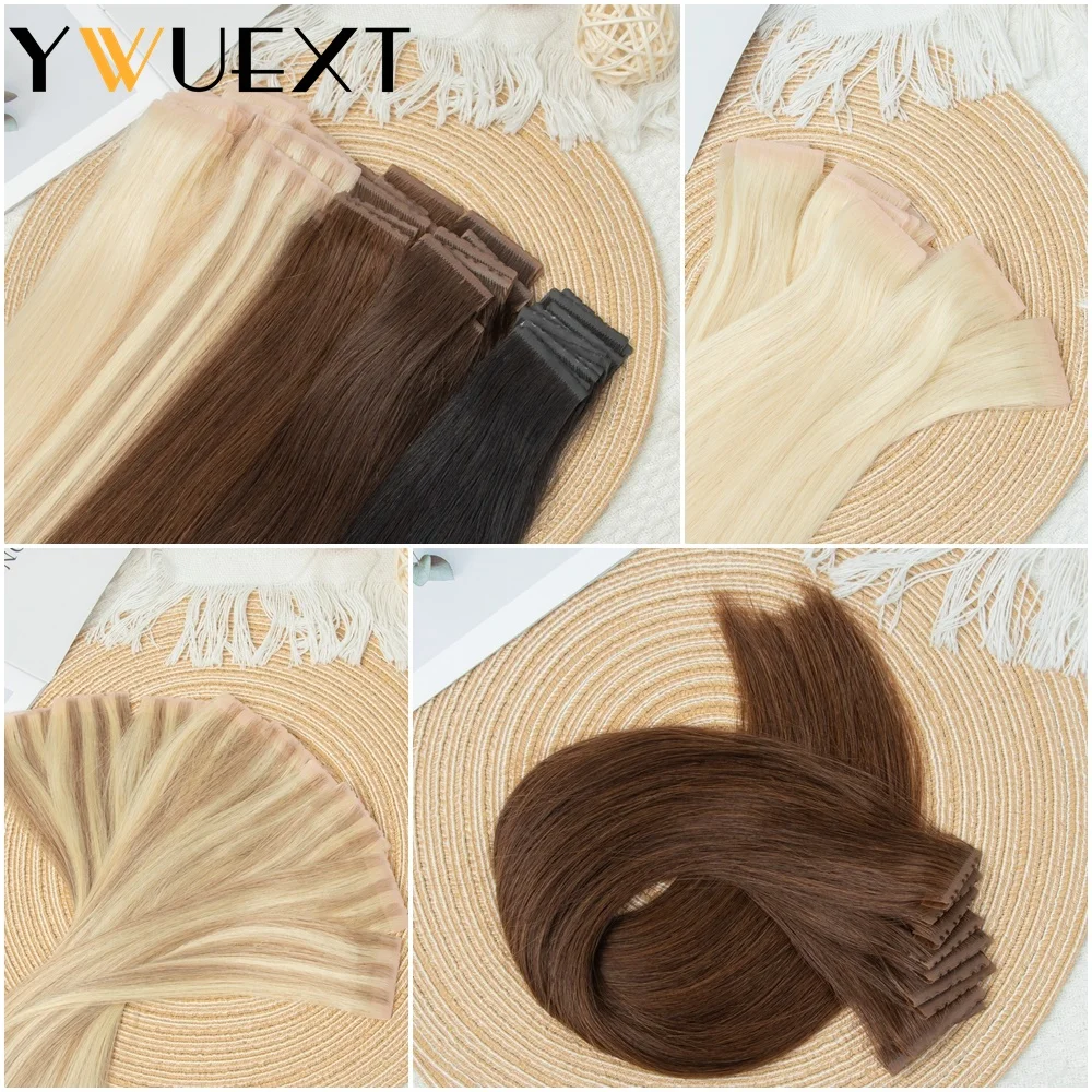 YWUEXT 16'' 20'' 24'' Invisible PU Hole Weft Hair Twin Tabs Human Hair Bundles Straight Machine Remy Extension 10pcs/pack