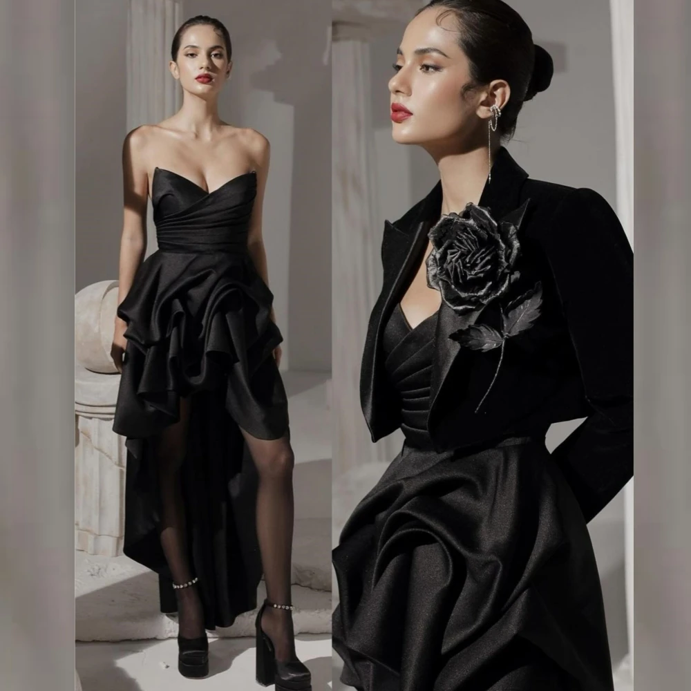 Satin Draped Pleat Flower Quinceanera A-line Strapless Bespoke Occasion Gown Hi-Lo Dresses