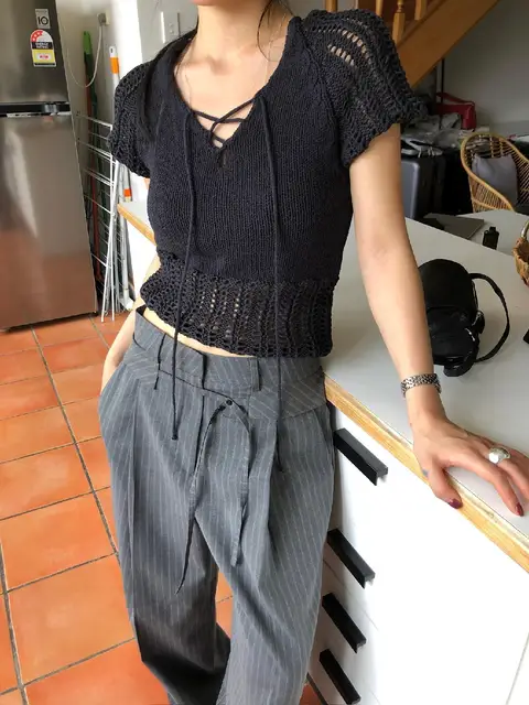 Spring 2025 Dongdaemun New Sle Crossed Tied Weaved Top Hollow out