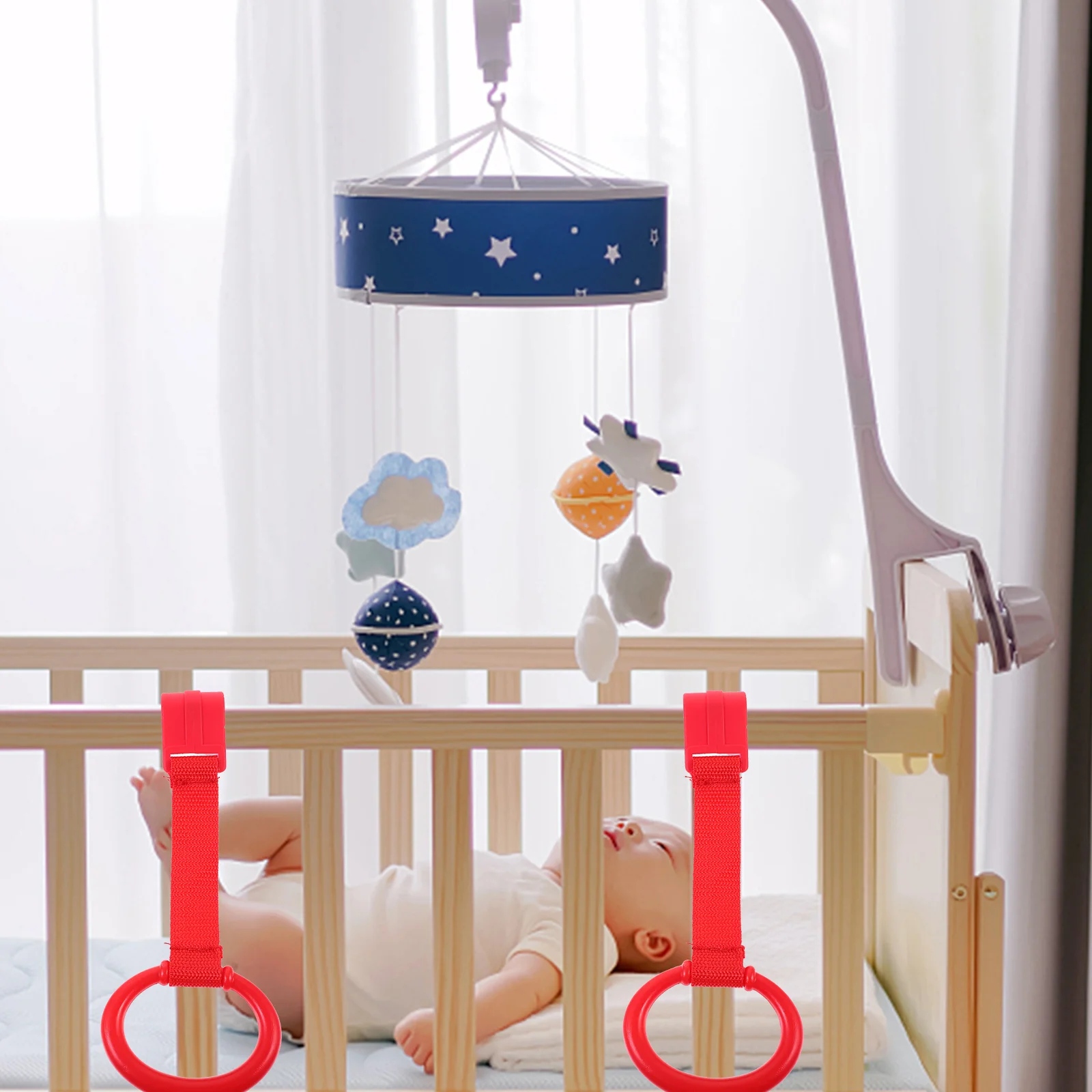 2 Pcs Crib Children's Playpen Hand Pull Ring Hanging Standing Toddler Baby Tools Cot Rings Ribbon